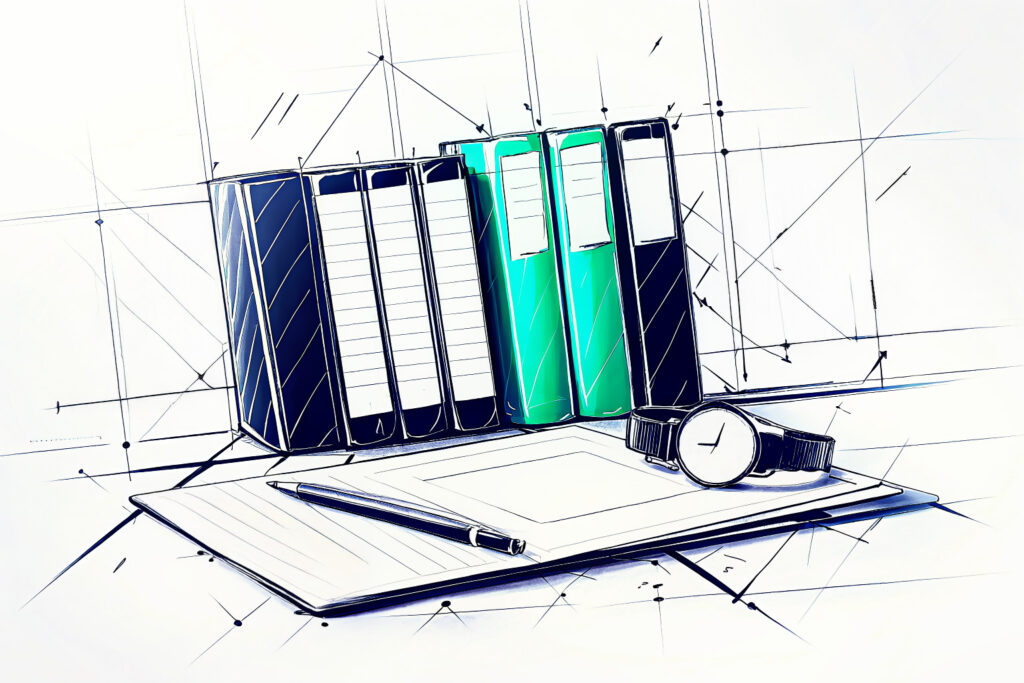 Verjährung bei Vorenthalten von Arbeitsentgelt – Symbolbild zu Aktenlage und zeitlicher Komponente. Akte, Uhr und Schreibunterlagen als Symbolbild für gesetzliche Verjährungsfristen im Kontext des § 266a StGB.
