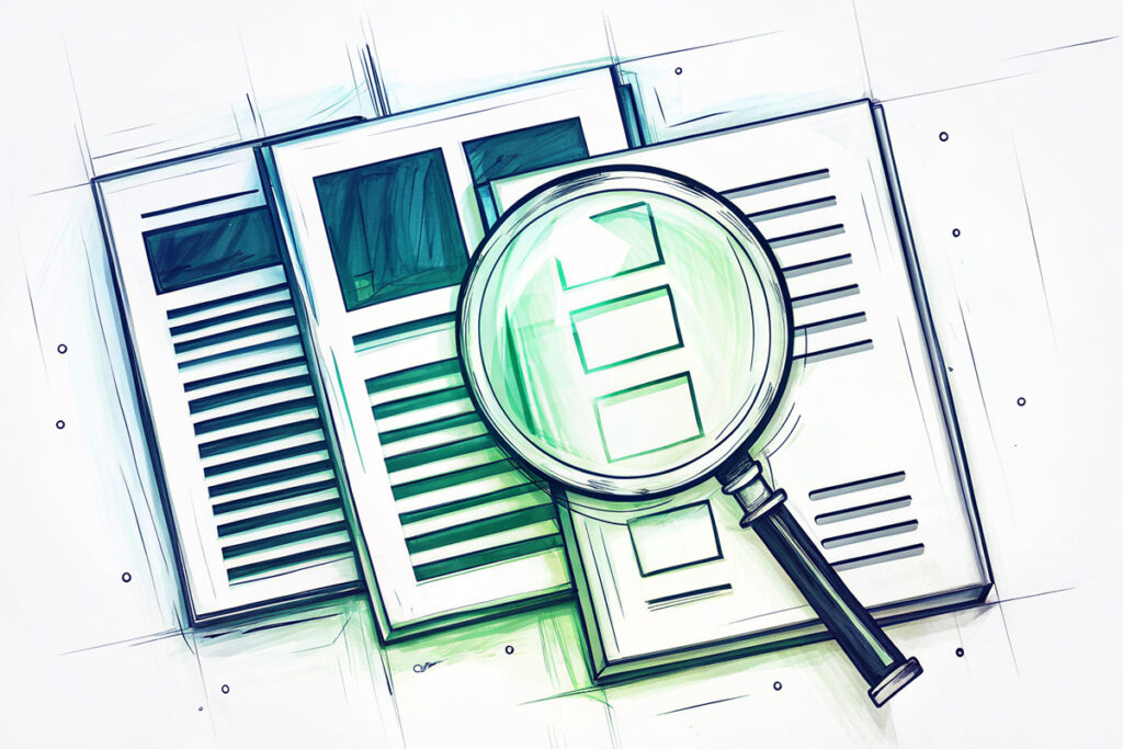 Compliance-Prüfung im Unternehmen – Symbolbild zur Kontrolle interner Abläufe Dokumente unter einer Lupe – symbolische Darstellung von Compliance-Prüfungen und interner Kontrolle.