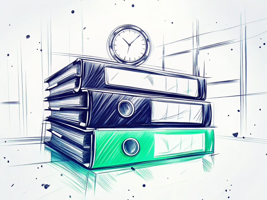 Täterschaft bei Insolvenzverschleppung – Symbolbild für Antragspflichten und Verantwortung Stapel von Aktenordnern mit Uhr symbolisiert die Täterschaft bei Insolvenzverschleppung und die Pflicht zur rechtzeitigen Antragstellung.