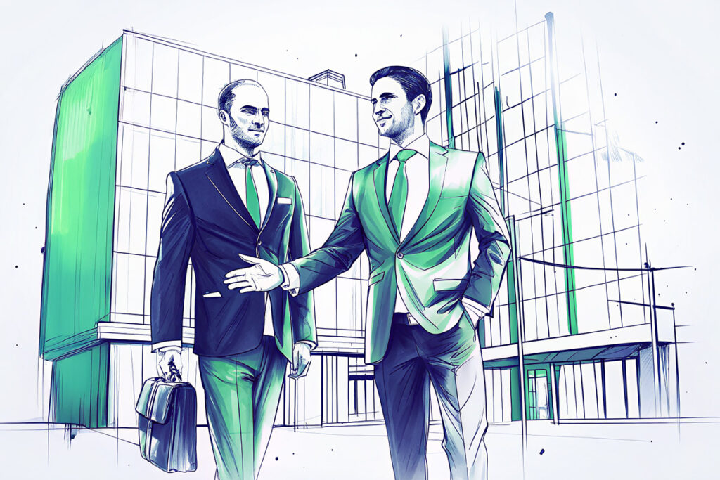 Schweigepflicht von Berufsgeheimnisträgern bei juristischen Personen Illustration zweier Geschäftsleute im Gespräch vor einem Bürogebäude – symbolisiert die Schweigepflicht von Berufsgeheimnisträgern.