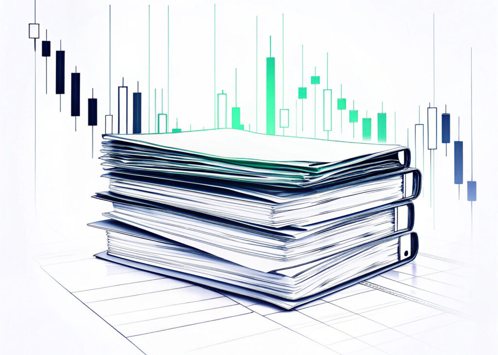 Symbolbild zur Insolvenzantragspflicht während der Corona-Pandemie Illustration eines Aktenstapels vor wirtschaftlichen Diagrammen – symbolisiert die Dokumentationspflicht im Rahmen der Insolvenzantragspflicht während der COVID-19-Pandemie.