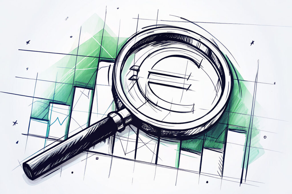 Illustration: Vermögensschaden bei Risikogeschäften – symbolisiert durch Lupe und Euro-Zeichen Euro-Zeichen unter einer Lupe als Symbol für die Prüfung von Vermögensschäden bei Risikogeschäften