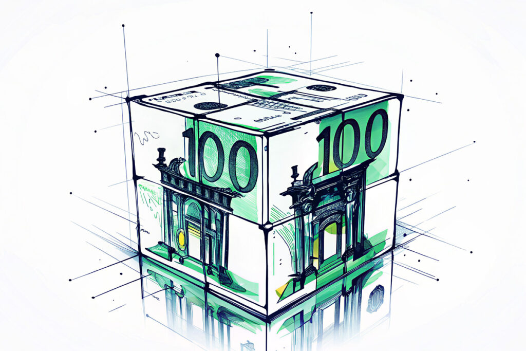 Ein Blick ins Korruptionsstrafrecht Würfel aus 100-Euro-Scheinen als Symbol für Korruptionsstrafrecht.