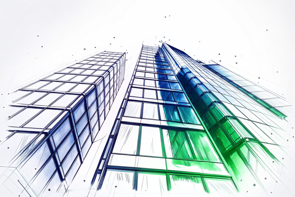 Illustration moderner Unternehmensgebäude als Symbol für die geplante Einführung des Verbandssanktionengesetzes