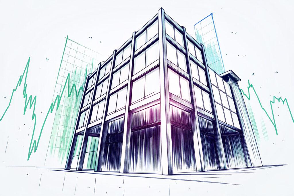 Kapitalanlagebetrug nach § 264a StGB – Symbolische Darstellung eines Unternehmensgebäudes im Kapitalmarktkontext Illustration eines modernen Unternehmensgebäudes mit angedeuteten Börsenkurven – symbolisiert Kapitalanlagebetrug.