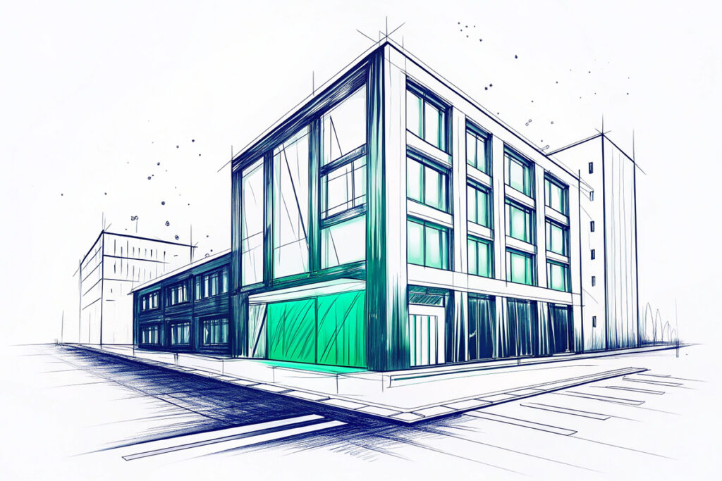 Illustration eines Unternehmensgebäudes als Symbol für die Verhängung einer Unternehmensgeldbuße bei Rechtsnachfolge.