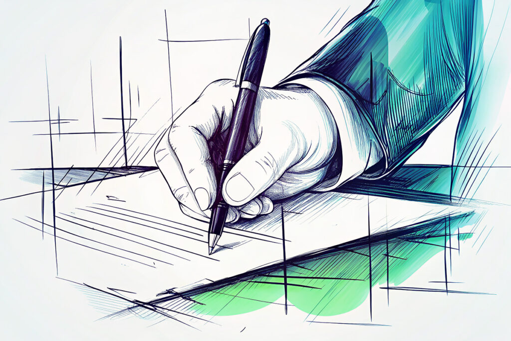 Symbolische Darstellung der steuerlichen Selbstanzeige durch Unterschrift Hand, die mit einem Stift ein Dokument unterzeichnet – symbolisch für die Abgabe einer steuerlichen Selbstanzeige gemäß § 371 AO.