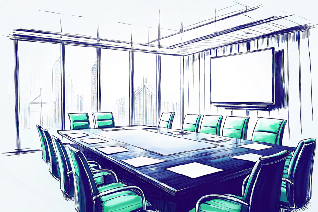 Untreue durch Vergütungsentscheidungen – Symbolbild für problematische Vorstandszahlungen Illustration eines Vorstandszimmers, sinnbildlich für Untreue durch Vergütungsentscheidungen im Wirtschaftsstrafrecht gemäß § 266 StGB.