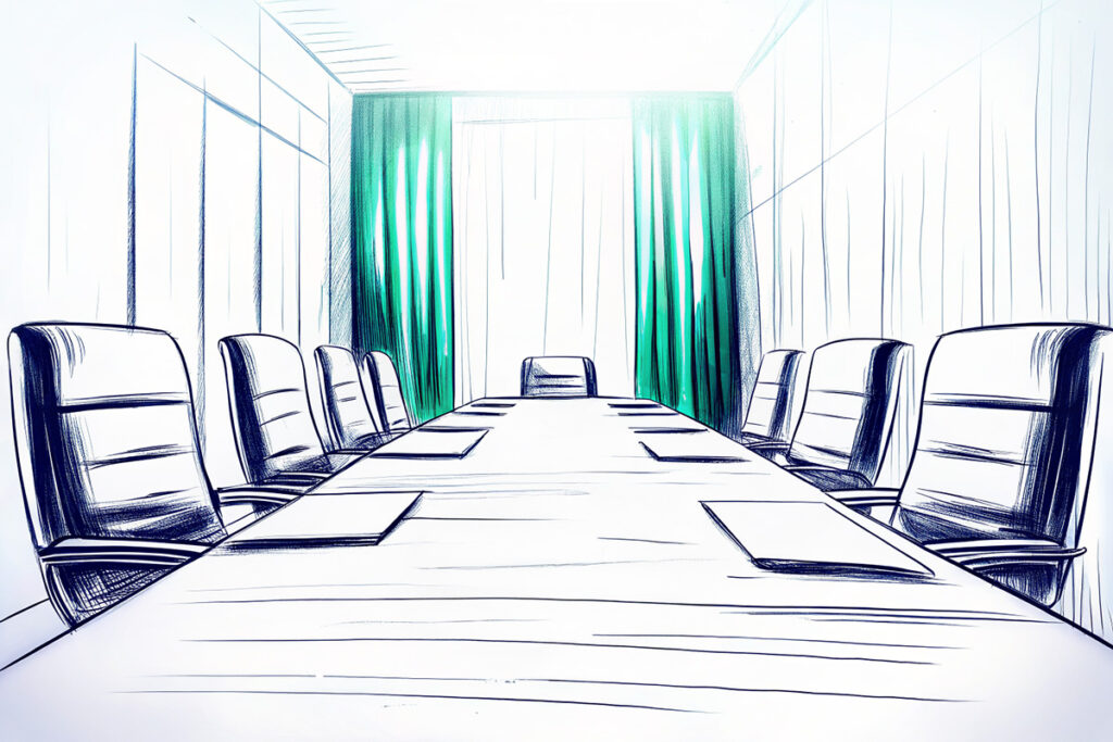 Vorstandssaal als Sinnbild für Auskunftspflichten im Zusammenhang mit Insolvenzverschleppung Leerer Vorstandssaal mit Konferenztisch, symbolisiert die Auskunftspflicht im Insolvenzverfahren und deren Bedeutung bei der Insolvenzverschleppung