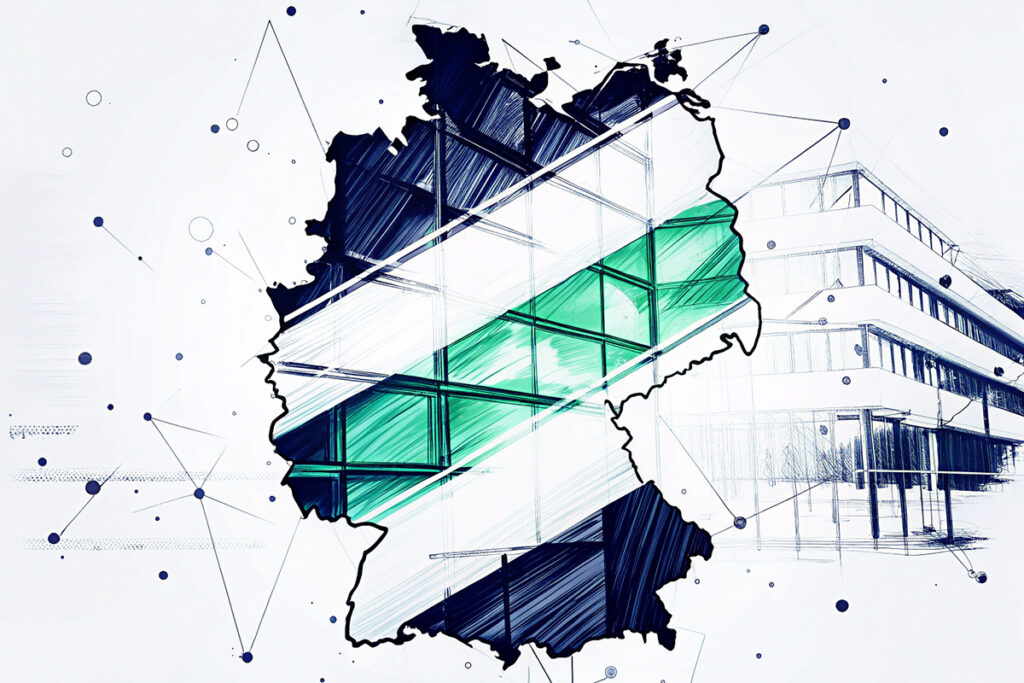 Illustration einer Deutschlandkarte mit symbolischer Darstellung des bundesweiten Wettbewerbsregisters für öffentliche Vergabeverfahren.