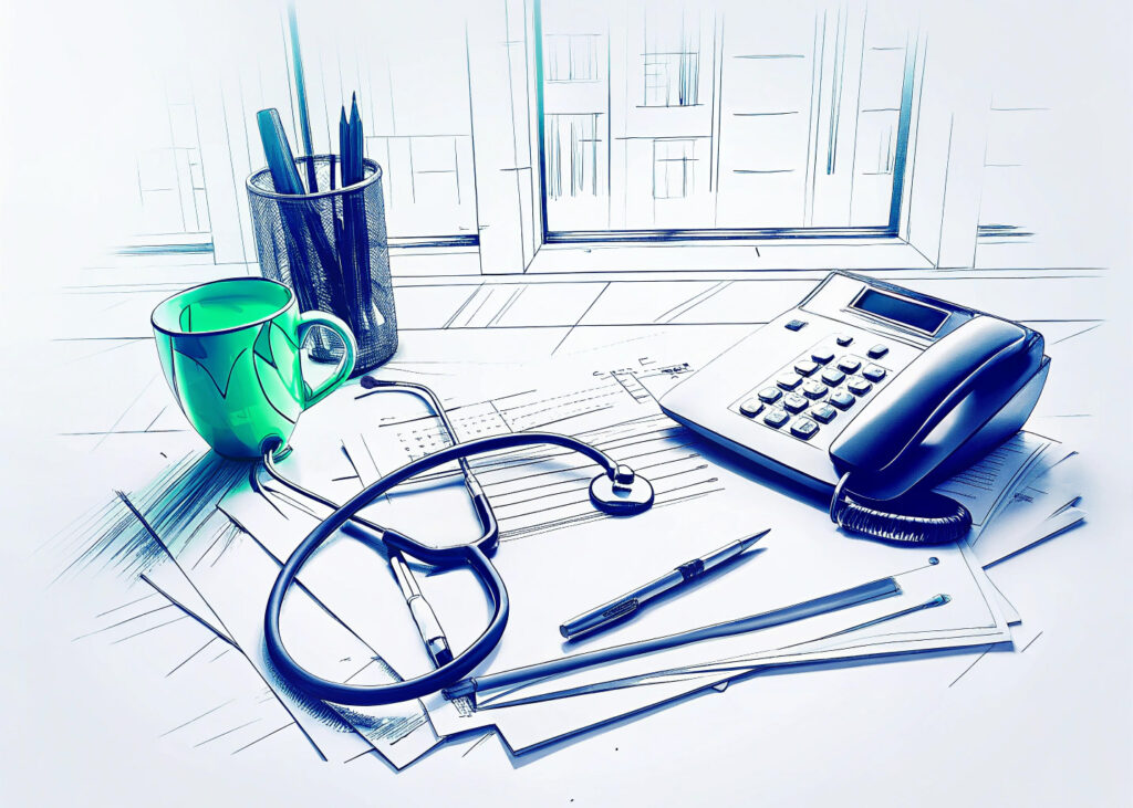 Widerruf der Approbation bei strafrechtlicher Verurteilung Illustration eines ärztlichen Arbeitsplatzes mit Stethoskop, Formularen und Telefon – sinnbildlich für den Widerruf der Approbation als berufsrechtliche Folge strafrechtlicher Verurteilungen.