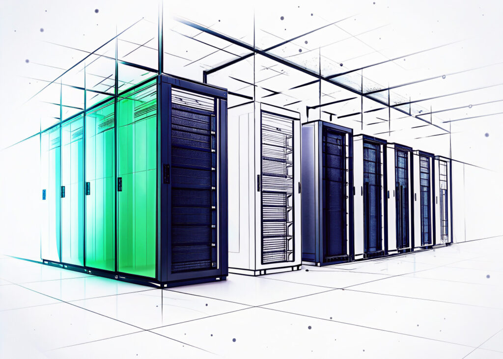 Illustration Betrieb krimineller Handelsplattformen im Internet – § 127 StGB Serverraum mit digital stilisierten Serverschränken – symbolisiert den Betrieb illegaler Handelsplattformen im Internet.