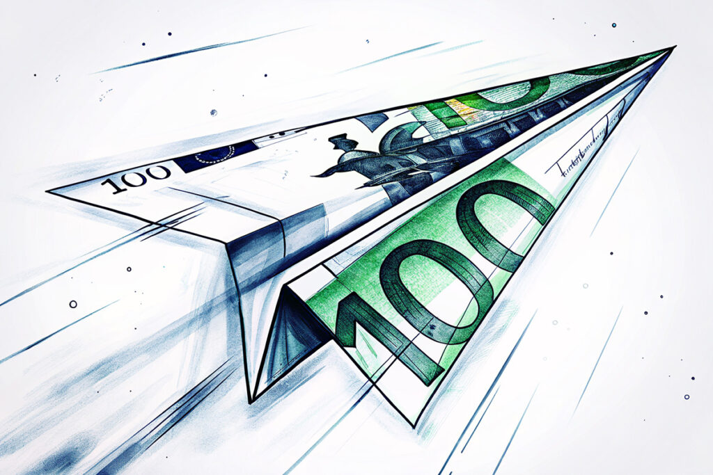 Strafbarkeit im Cum-Ex Verfahren – Symbolbild für Kapitaltransfers und steuerliche Gestaltung Papierflugzeug aus Euro-Banknoten symbolisiert komplexe Steuertransaktionen im Cum-Ex Verfahren und deren strafrechtliche Relevanz.