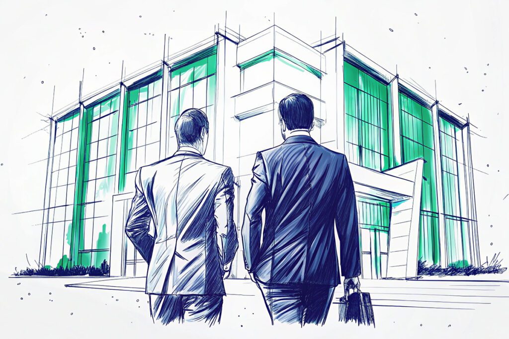 Kriminelle Vereinigung im Wirtschaftsstrafrecht: Zwei Männer vor Unternehmensgebäude Zwei Männer in Anzügen vor einem modernen Unternehmensgebäude, symbolisch für die rechtliche Diskussion zur kriminellen Vereinigung im Wirtschaftsstrafrecht nach § 129 StGB.