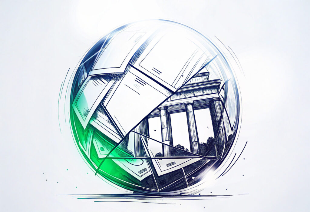 Illustration eines Geldballs, in dem das Brandenburger Tor sowie Dokumente und Banknoten stilisiert dargestellt sind – Symbolbild für die Reform der Geldwäschevorschrift nach § 261 StGB.