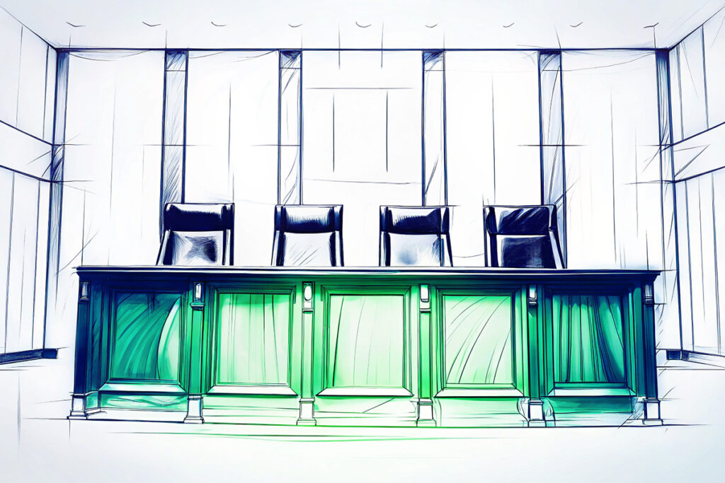 Landgericht als Symbol für das Beweisantragsrecht im Strafverfahren Illustration eines Landgerichts mit Richterbank – symbolische Darstellung des Beweisantragsrechts.