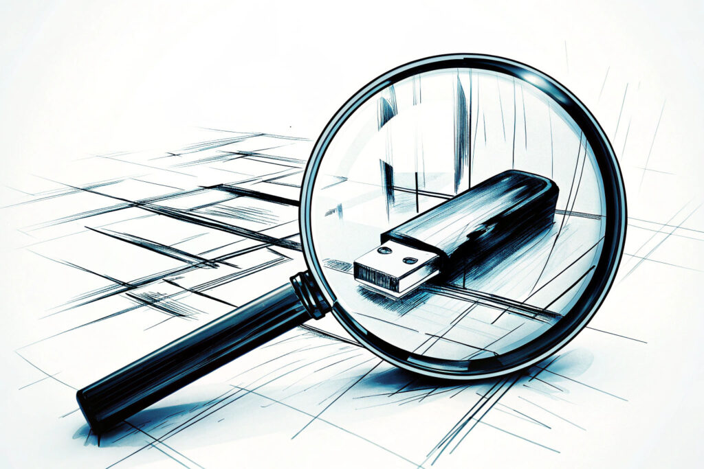 Strafanzeige im IT-Strafrecht – Symbolische Darstellung mit USB-Stick und Lupe USB-Stick unter Lupe als Symbol für digitale Beweissicherung im IT-Strafrecht.