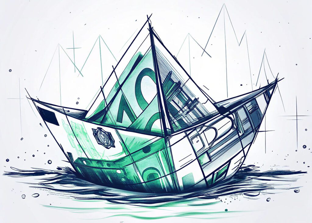 Insolvenzverschleppung Strafe – Illustration symbolisiert rechtliche Risiken Illustration eines Geldscheins, der als sinkendes Schiff gefaltet ist – symbolisiert die Insolvenzverschleppung und die damit verbundenen Strafen.