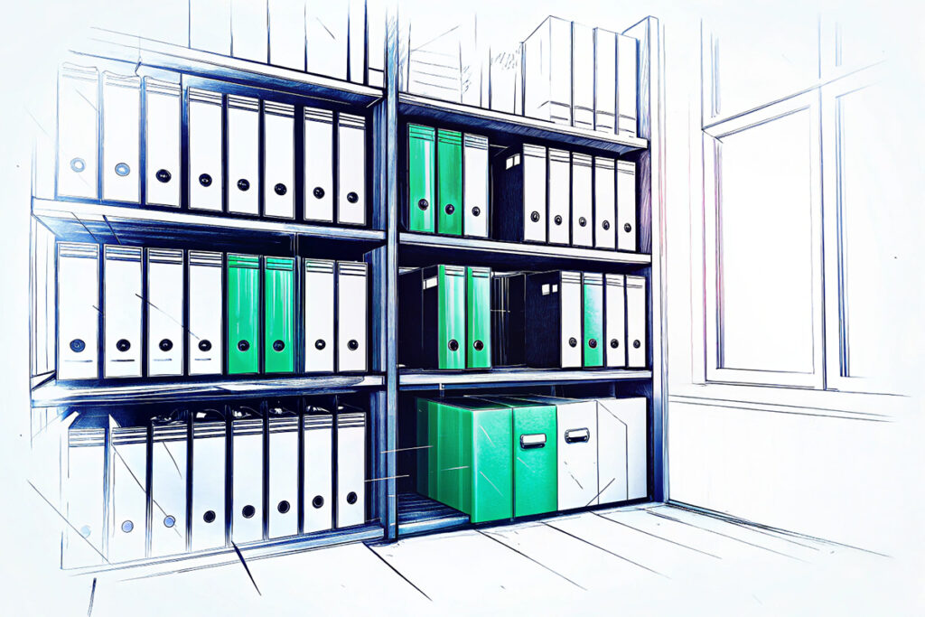 Symbolbild: Staatshaftung und Schadensersatz bei strafrechtlichen Ermittlungen Illustration eines Büroregals mit Aktenordnern – symbolisiert die Frage nach Schadensersatz für staatliche Ermittlungsmaßnahmen.