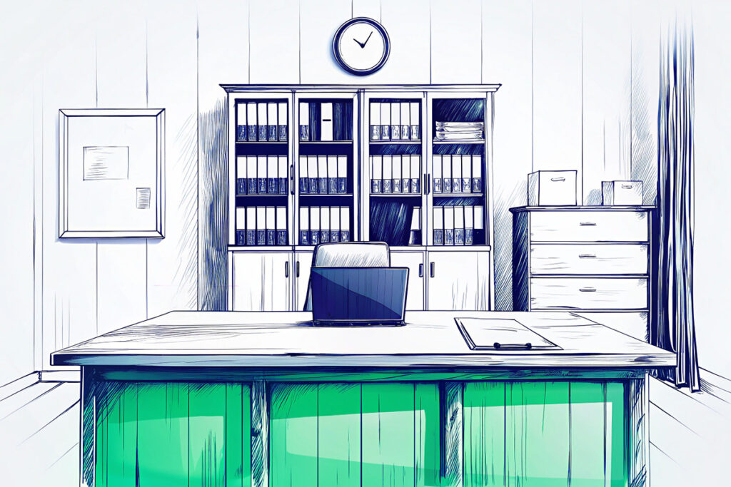 Symbolbild: Strafrechtliche Risiken im Notariat Illustration eines modernen Notarbüros mit Schreibtisch und Aktenschränken – Symbolbild für die strafrechtlichen Risiken im Notariat.