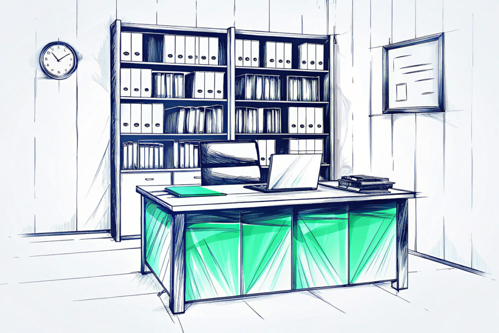 Symbolische Darstellung: Durchsuchung beim Steuerberater Illustration eines Steuerberaterbüros mit Schreibtisch, Laptop und Aktenordnern – symbolisiert die Durchsuchung beim Steuerberater.