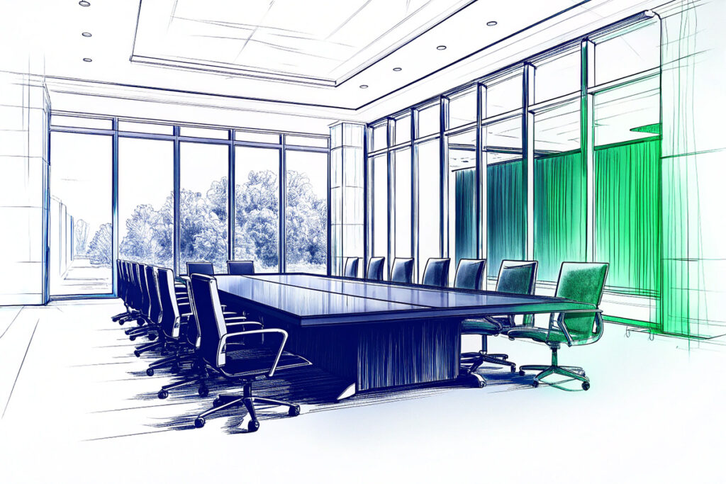 Konferenzraum als Symbol für Untreue bei unternehmerischen Entscheidungen Moderner Konferenzraum mit leerem Besprechungstisch – Symbol für Entscheidungsfindung und mögliche Untreue bei unternehmerischen Entscheidungen.