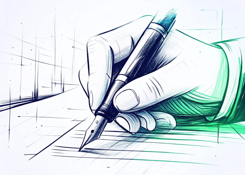 Unterschrift mit Folgen – Symbolbild für Insolvenzstraftaten Illustration einer Hand, die mit einem Füllfederhalter ein Dokument unterschreibt – Symbol für die Verantwortung bei Insolvenzstraftaten.