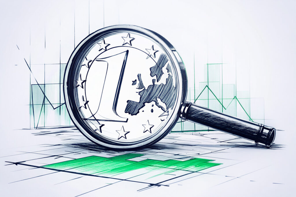 Rückblick unter der Lupe: Die Einziehung im Fokus Euromünze unter Lupe auf Finanzdiagramm – symbolisiert staatliche Prüfung und Einziehung unrechtmäßiger Vermögenswerte.
