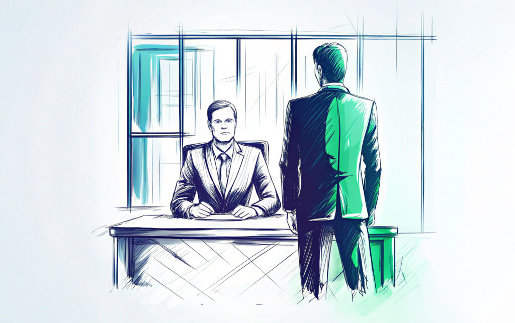 Zwei Männer im Anzug in einem Büro – symbolische Darstellung eines Gesprächs zur Firmenbestattung und zur strafrechtlichen Rolle eines insolvenzrechtlichen Beraters.