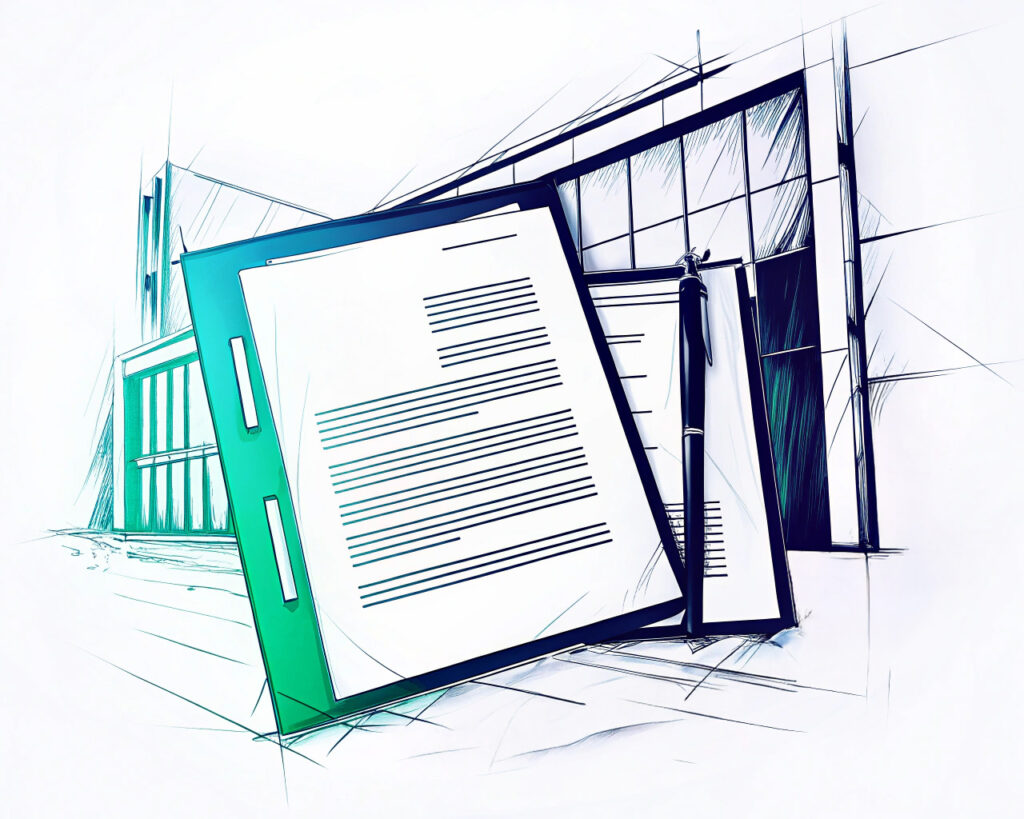 Symbolische Darstellung einer Vorladung wegen Geldwäsche: Ein Aktenhefter mit Dokumenten und Kugelschreiber vor moderner Justizarchitektur.