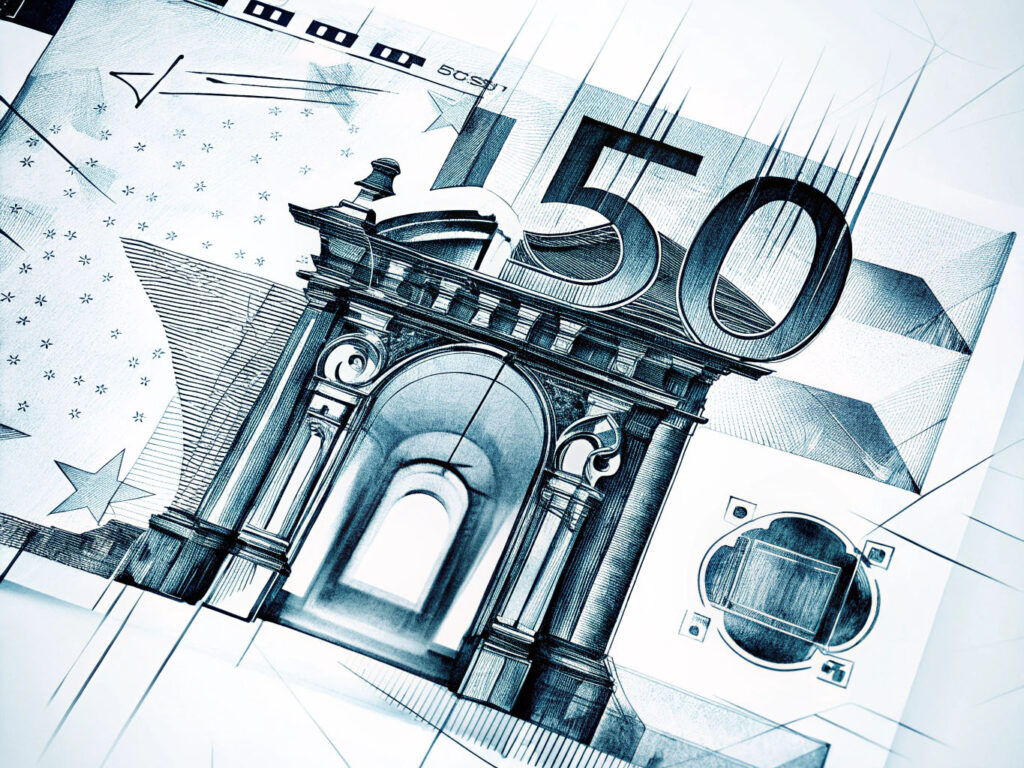 Illustration eines 50-Euro-Scheins mit architektonischem Torbogen, stilisiert als Symbol für Geldbewegung und Geldwäsche.