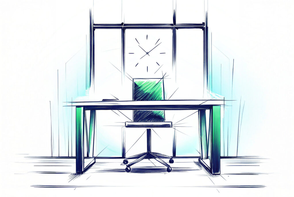 Symbolbild zur Insolvenzverschleppung durch Geschäftsführer Illustration eines modernen, leeren Chefbüros mit Schreibtisch, Bürostuhl und großer Wanduhr – symbolisch für Insolvenzverschleppung durch Geschäftsführer.