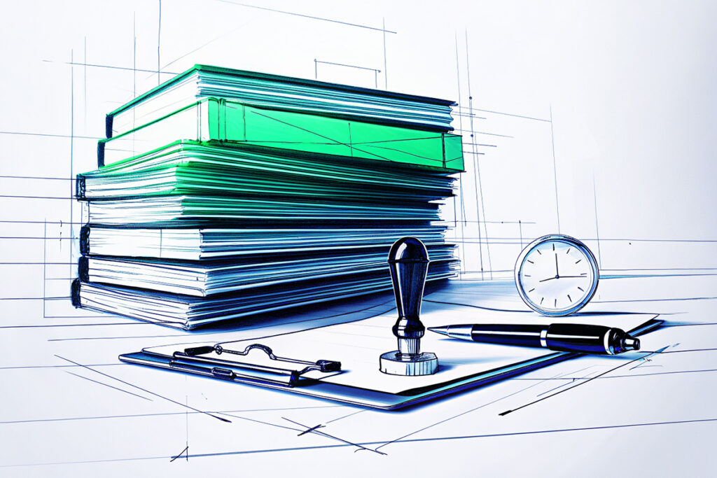 Illustration als symbolische Darstellung für Beihilfe zur Insolvenzverschleppung Stapel von Akten, Stempel, Uhr und Klemmbrett als Symbol für die Beihilfe zur Insolvenzverschleppung.