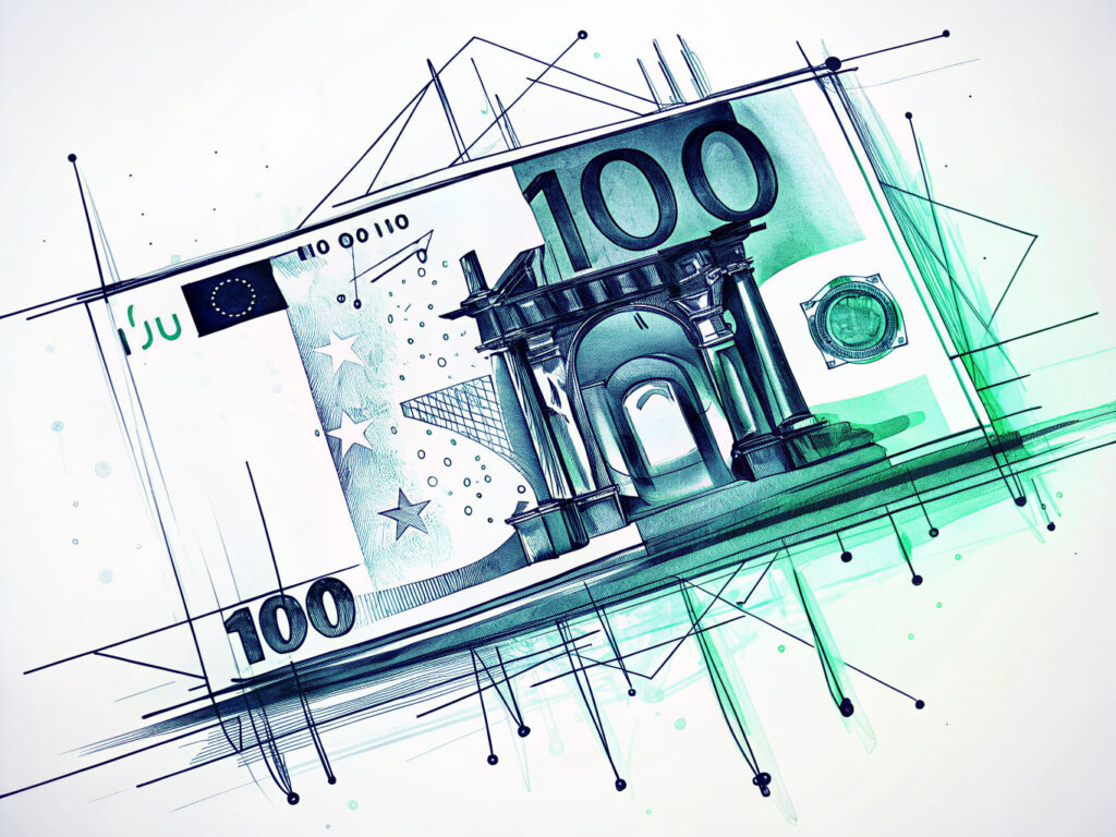 Geldwäsche & Strafe: Symbolik des Euro-Scheins im Fokus strafrechtlicher Verfolgung Illustration eines 100-Euro-Scheins als Symbolbild für Geldwäsche und strafrechtliche Konsequenzen.