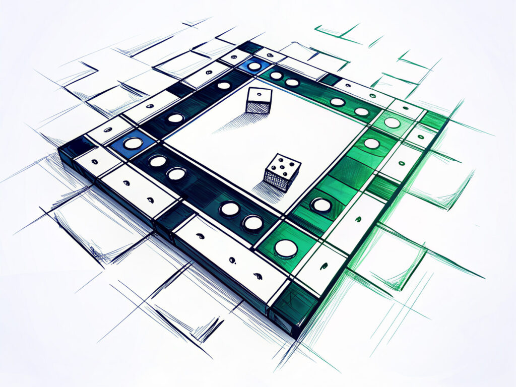 Abstraktes Spielbrett mit zwei Würfeln als Symbol für Glücksspiel und Geldwäsche.