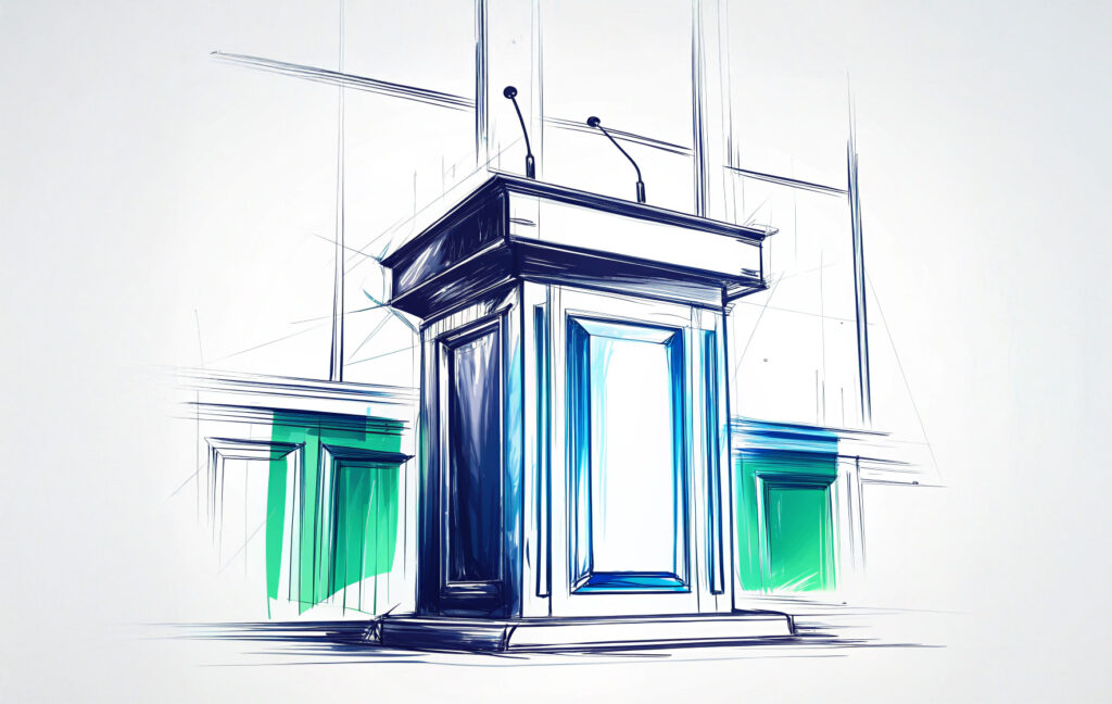 Vortrag über Geldwäsche 2025 am Rednerpult Rednerpult mit Mikrofonen als Symbolbild für einen juristischen Fachvortrag zur Geldwäsche.