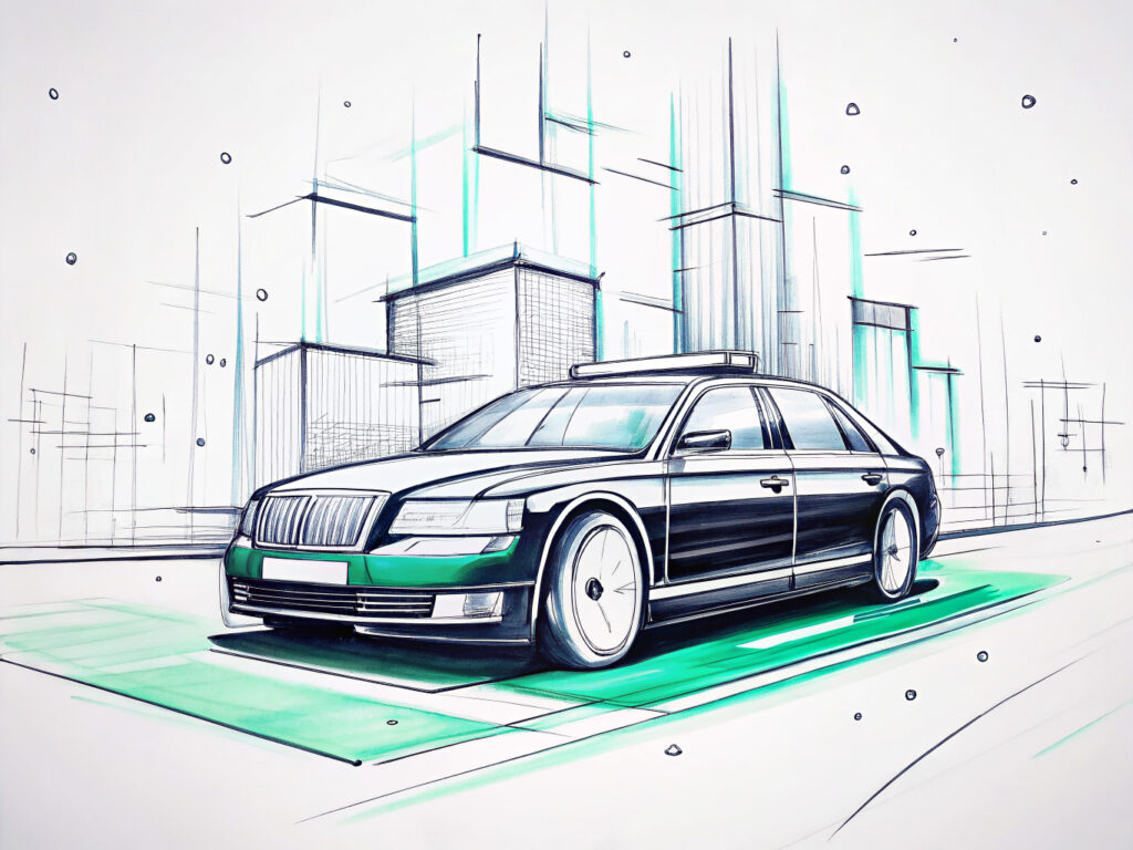 Illustration einer Limousine eines Fahrdienstleisters in urbaner Umgebung, sinnbildlich für Schwarzarbeit im Transportgewerbe.