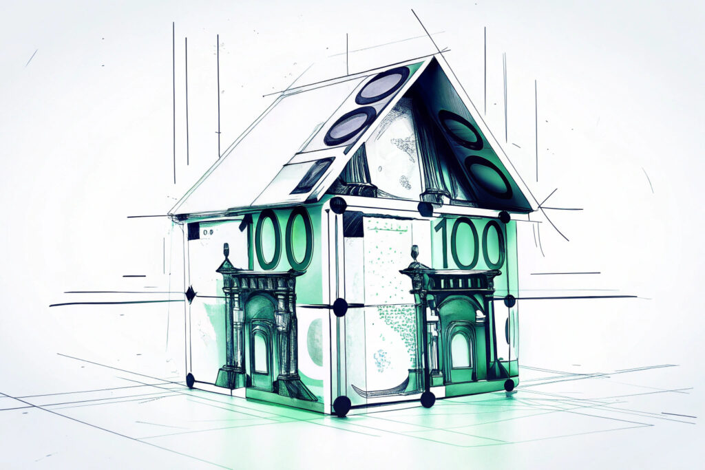 Kartenhaus aus 100-Euro-Scheinen als Symbol für die Verschleierung unrechtmäßig erlangter Vermögenswerte.