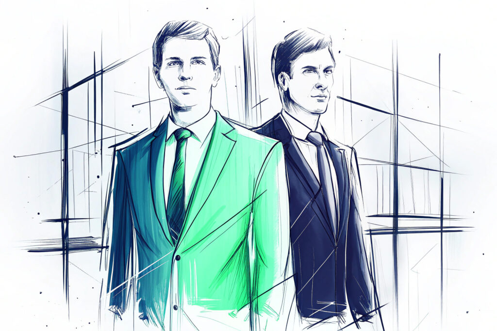 Illustration: Faktischer Geschäftsführer bei Firmenbestattung Illustration von zwei Männern im Anzug, sinnbildlich für den faktischen Geschäftsführer und dessen Rolle bei der Firmenbestattung.