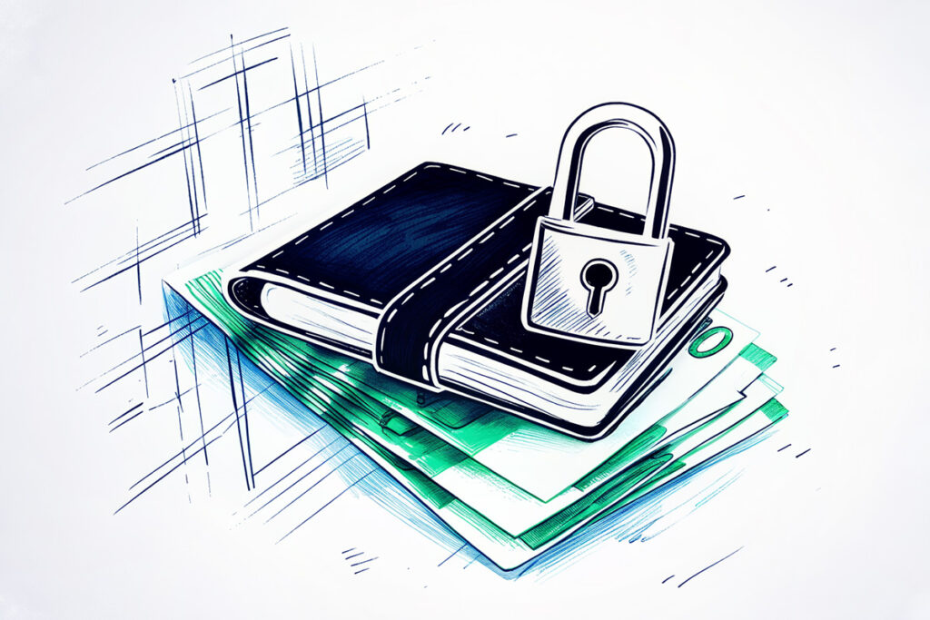 Abgebildet ist eine Illustration einer verschlossenen Geldbörse mit Vorhängeschloss auf Euro-Geldscheinen – Symbol für ein gesperrtes Konto wegen Geldwäscheverdacht.